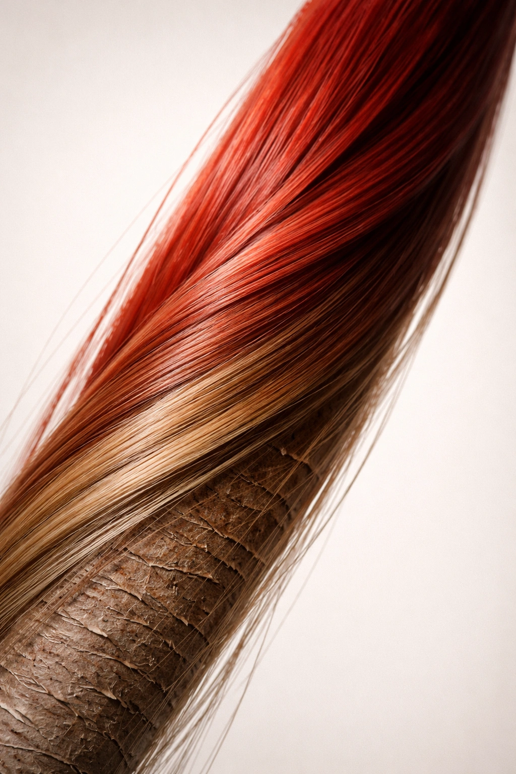 Dyed hair strand fading from vibrant to dull along its length