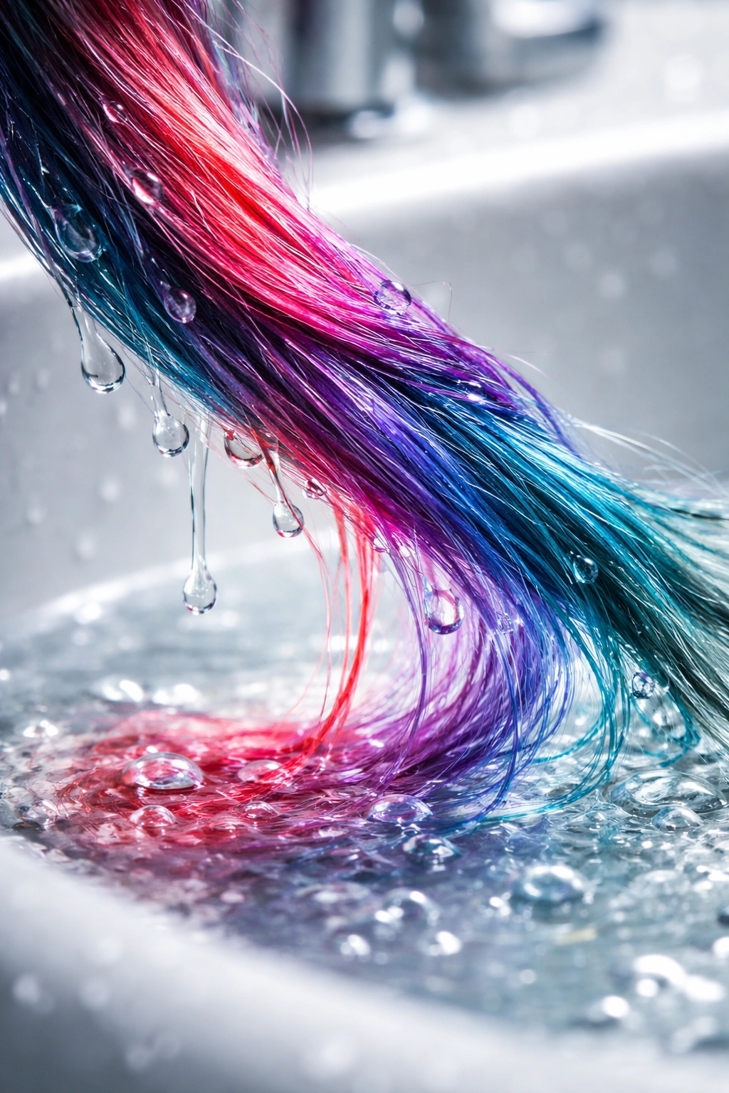 Hair color bleeding into water droplets showing color loss after early washing