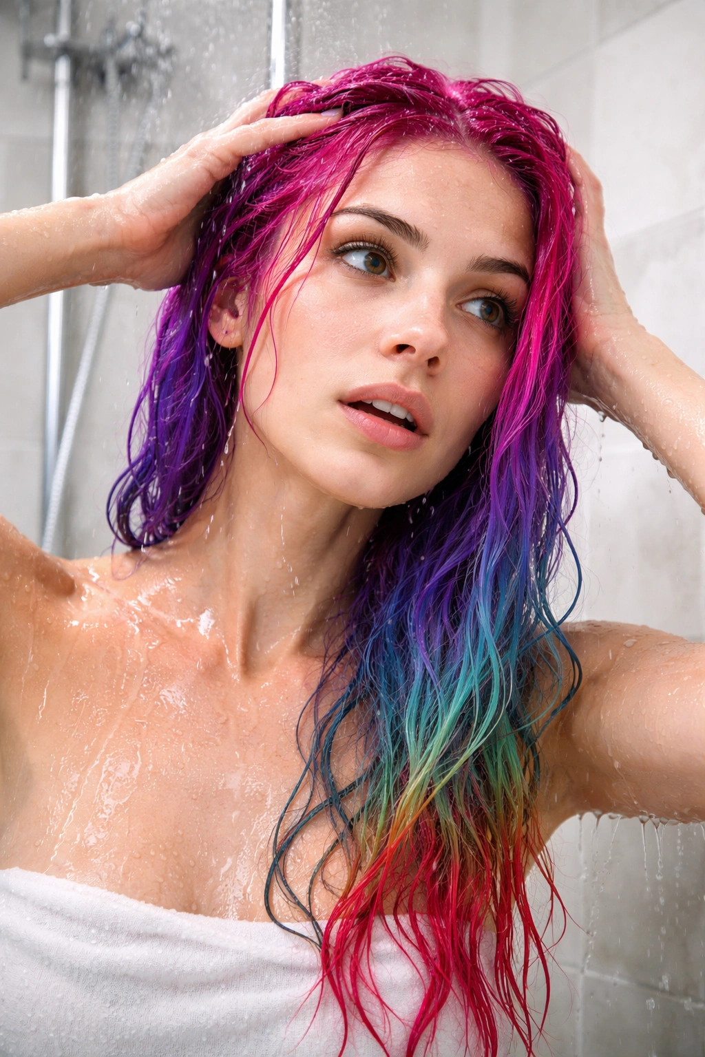 Person with color-treated hair under a shower showing slight color runoff from an early wash.