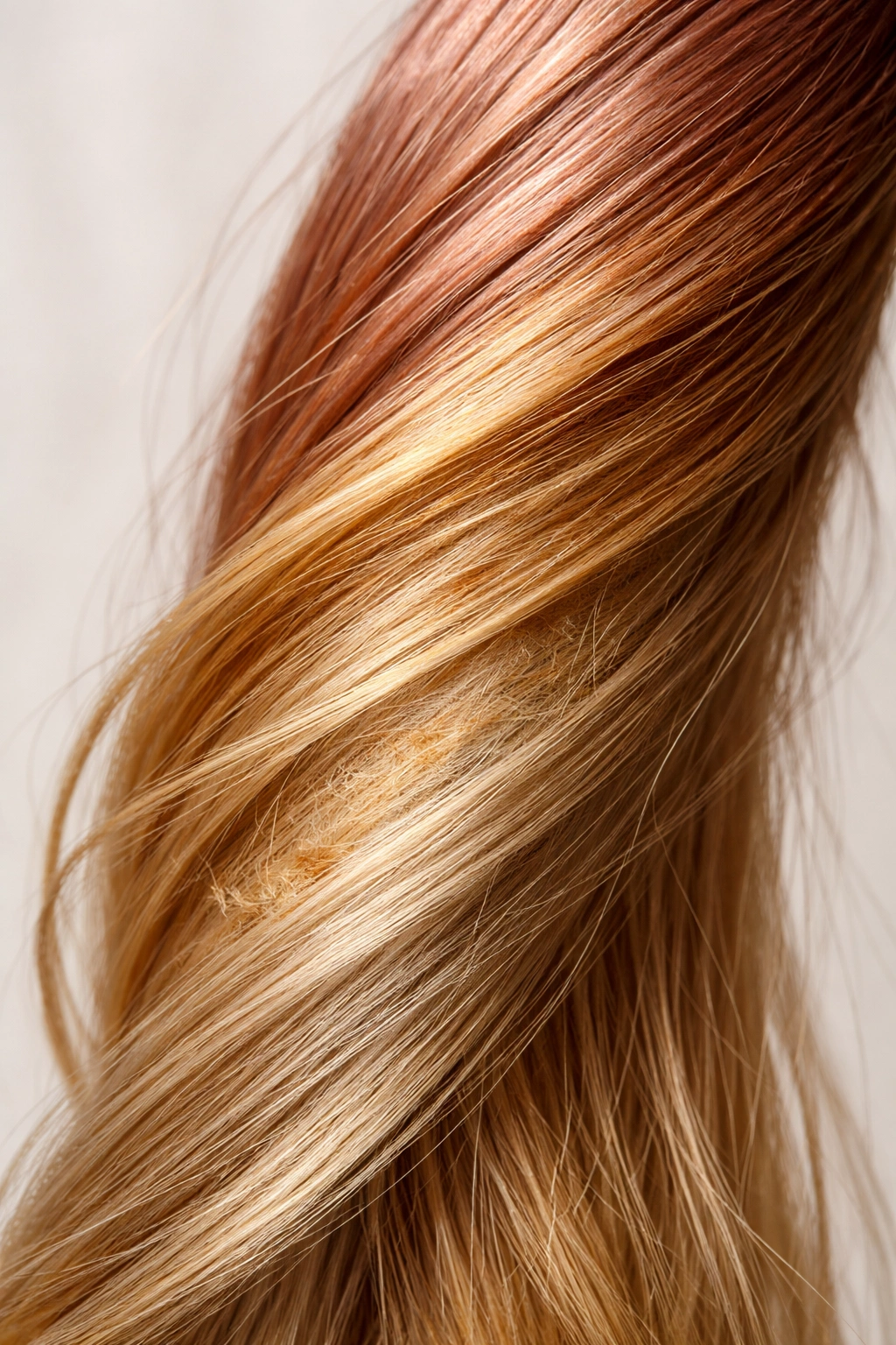 Close-up of a color-treated hair strand with fading and brassiness.