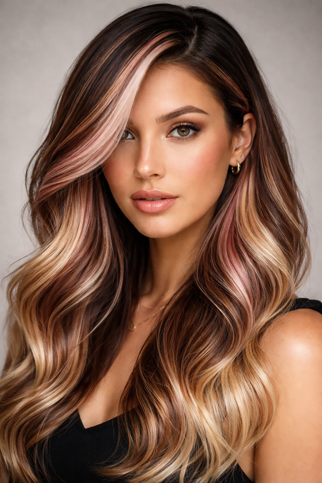 Hair with colorful highlights shown along a side-part, showing dimensional color.