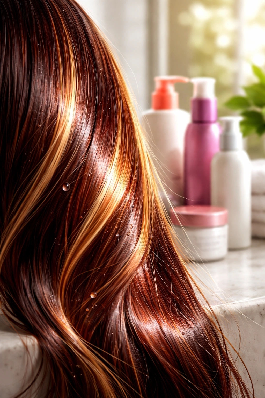 Close-up hair strand with color-protecting products in bathroom scene