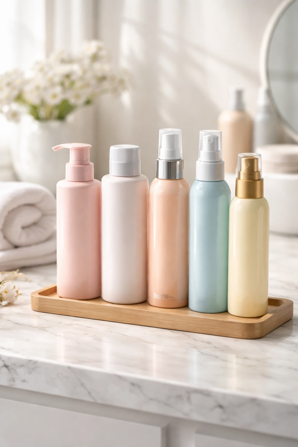 Assorted color-safe hair care bottles with no labels