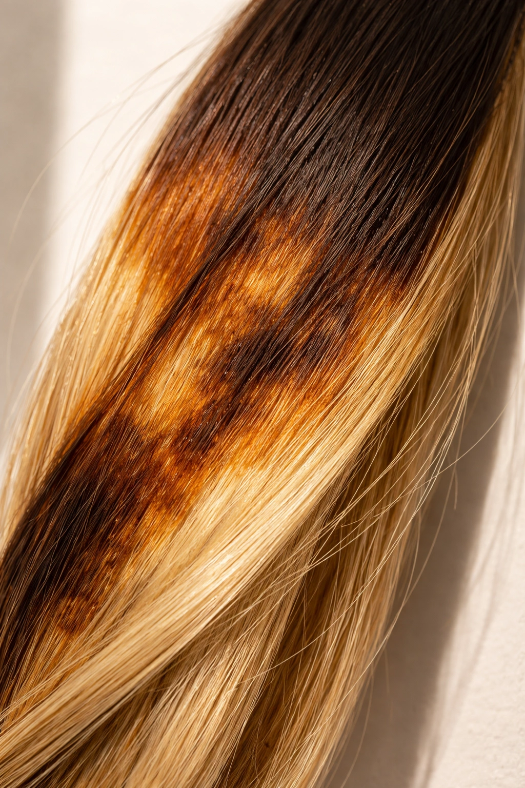Patchy uneven color on a hair strand representing common mistakes