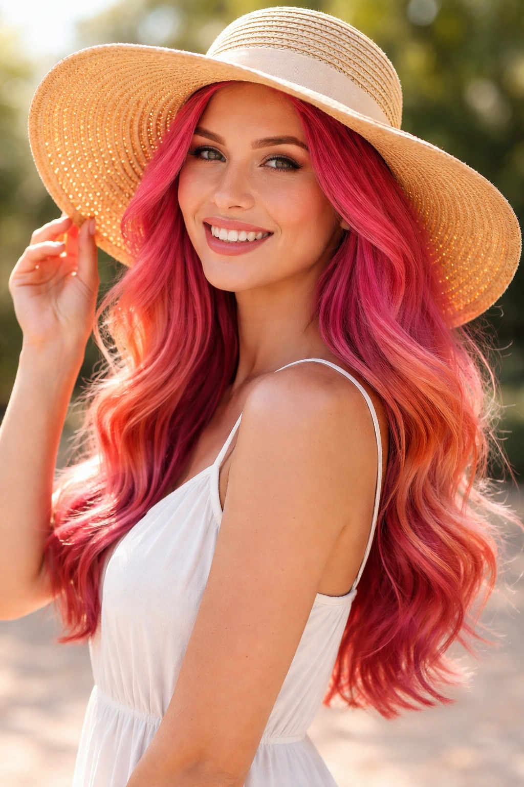 Person with vibrant color-treated hair wearing a sun hat to protect color