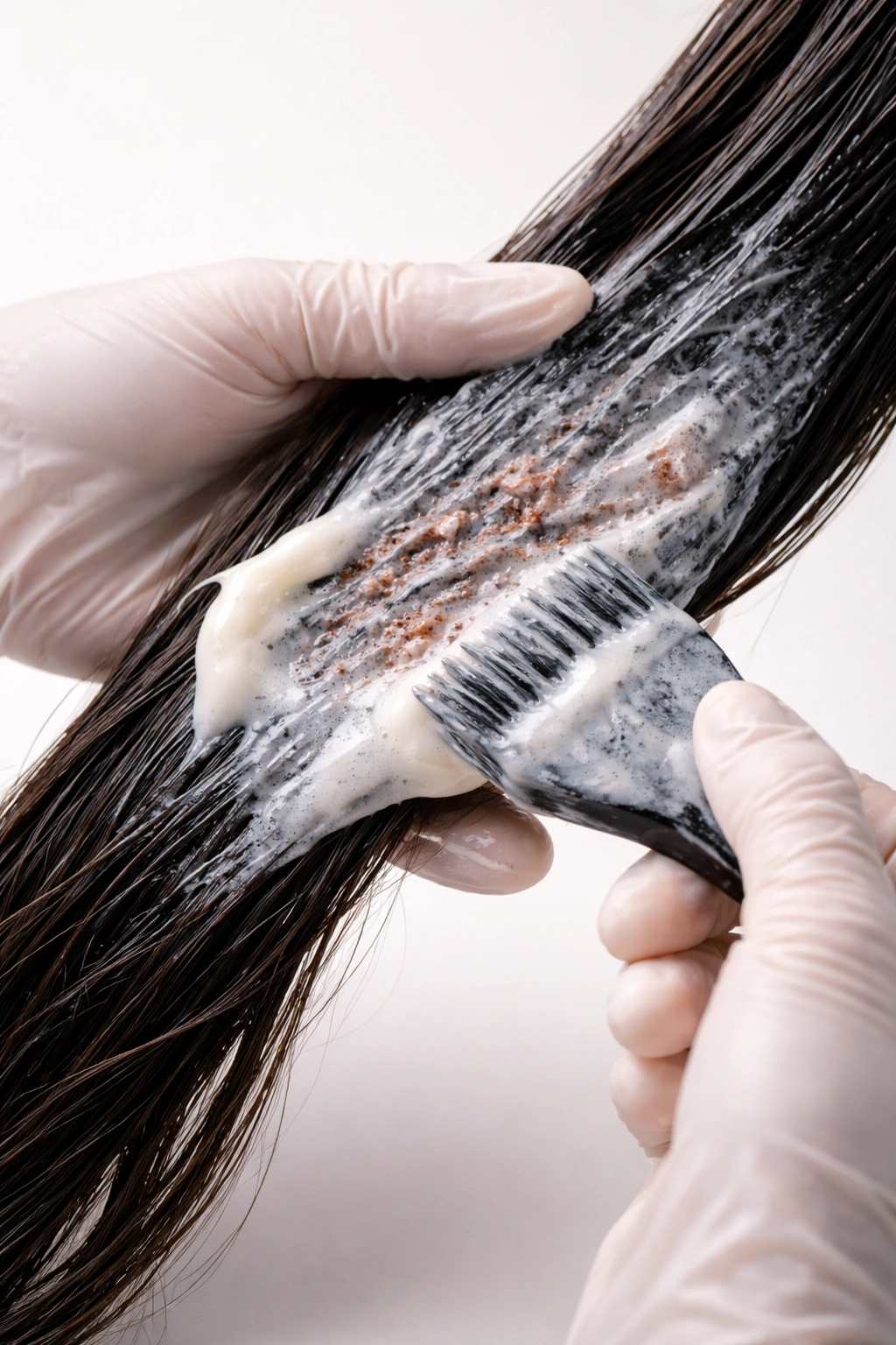 Hands applying color remover cream to hair strand