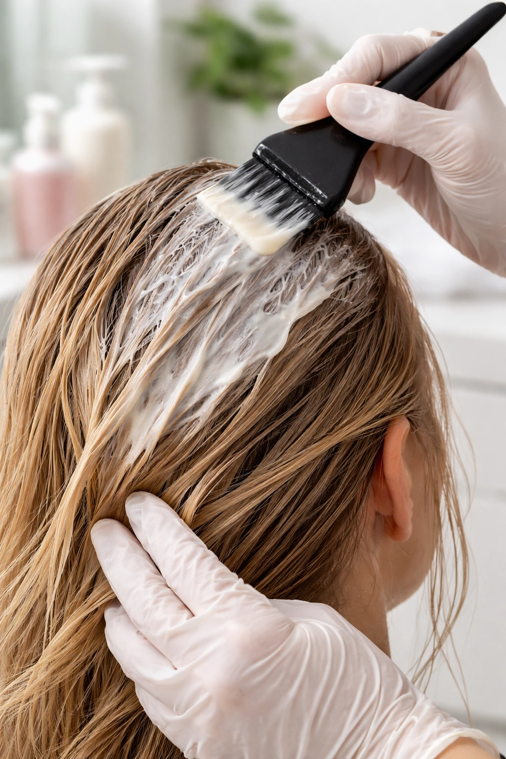 Gloved hand applying color remover cream to dyed hair