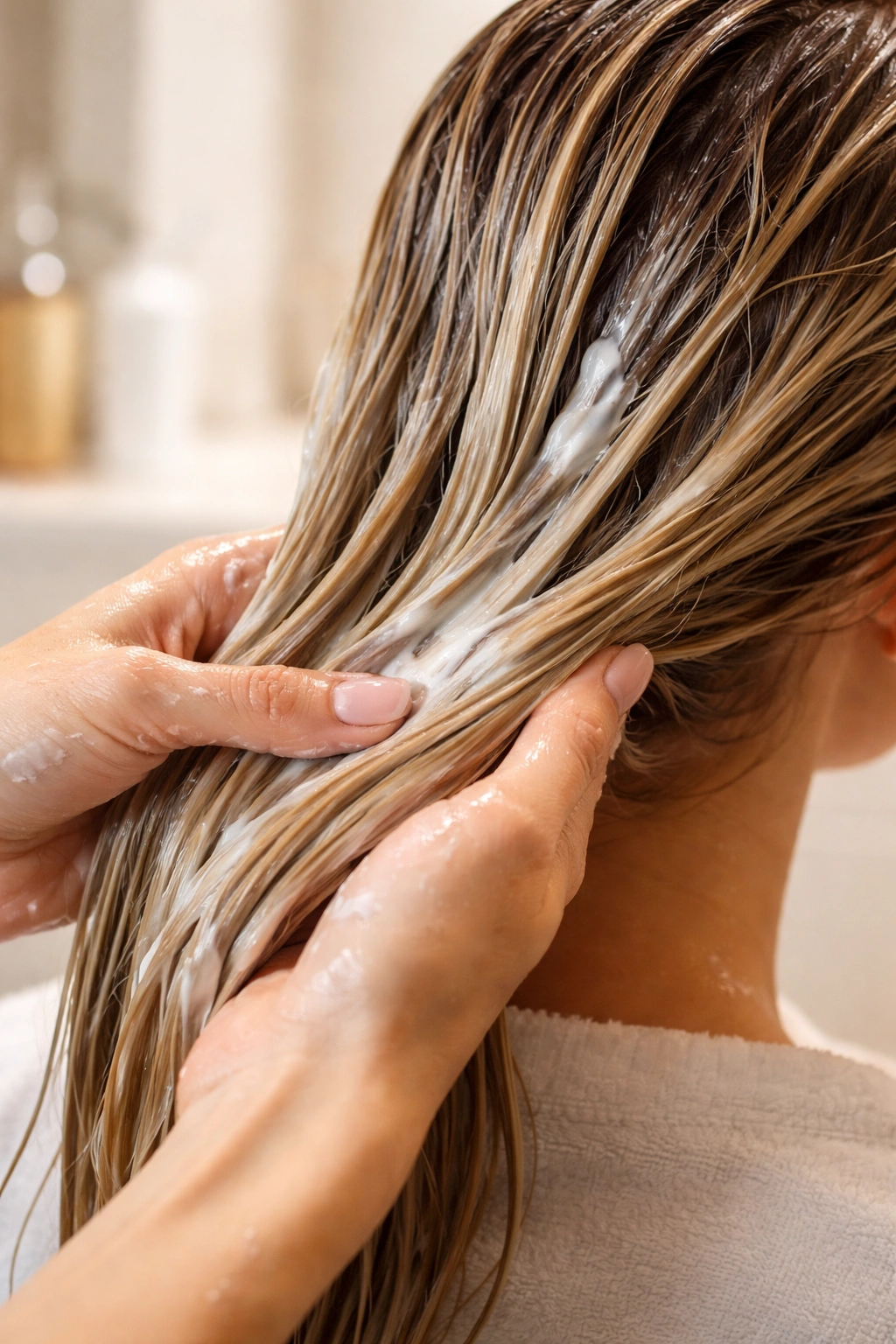 Hands applying deep conditioner to damp hair