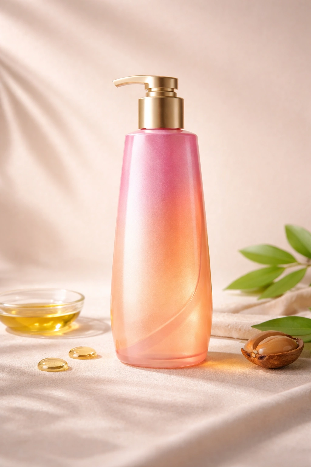 Color-safe shampoo bottle on a neutral background with natural oil accents suggesting color protection.