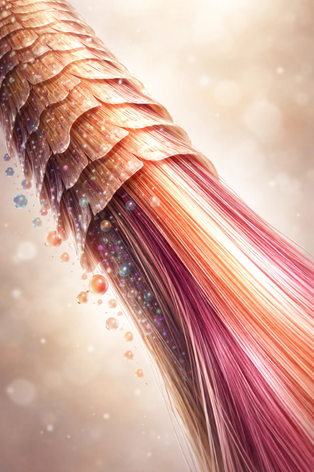 Hair strand showing cuticle behavior during color setting with color retained