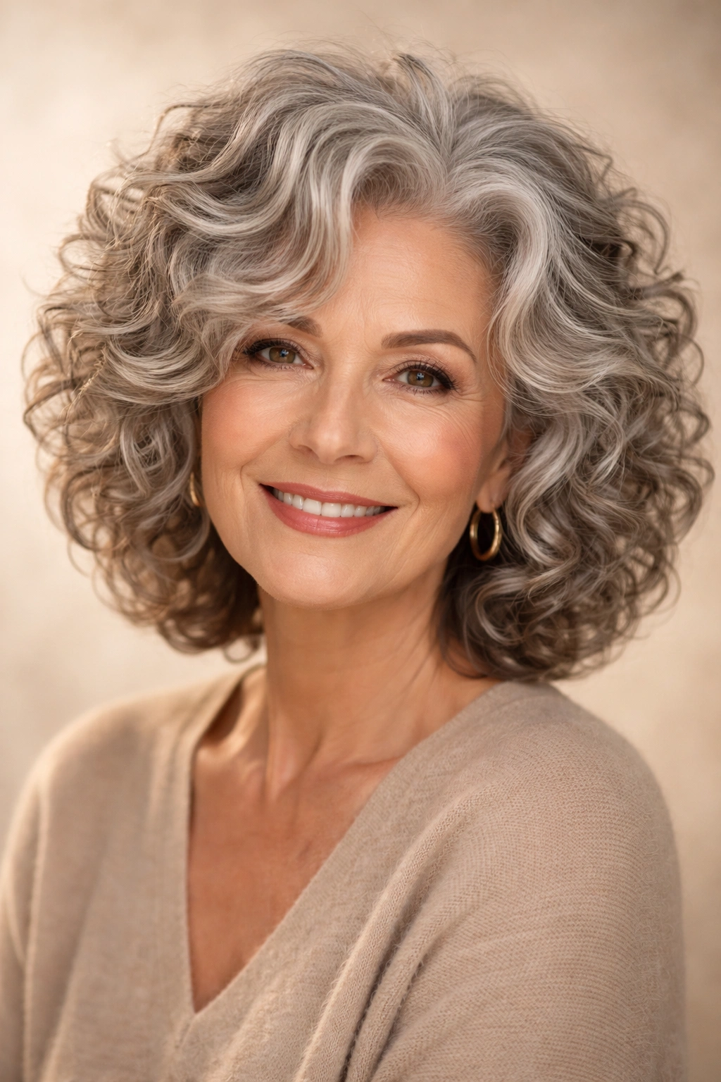 Mature woman with silver curls and subtle dimensional color highlights