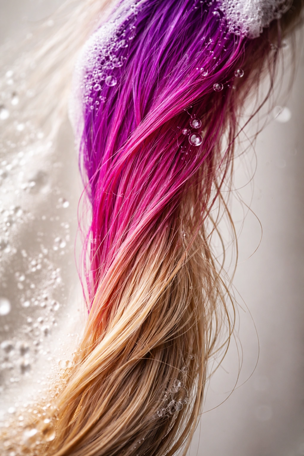 Hair strand showing fading dye along its length against a neutral backdrop.