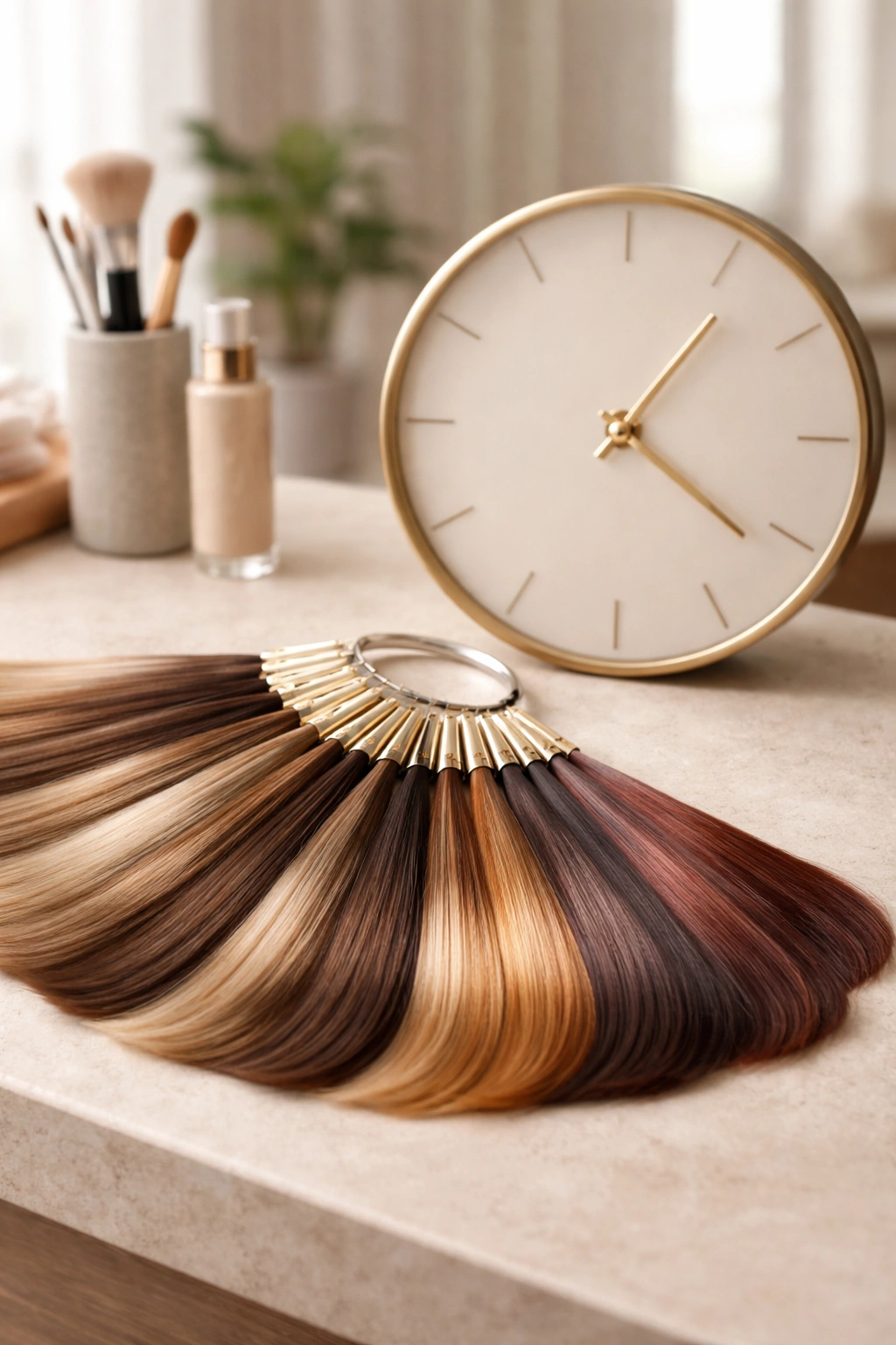 Close-up of a clock silhouette and hair color swatches in a salon setting to indicate scheduling color appointments