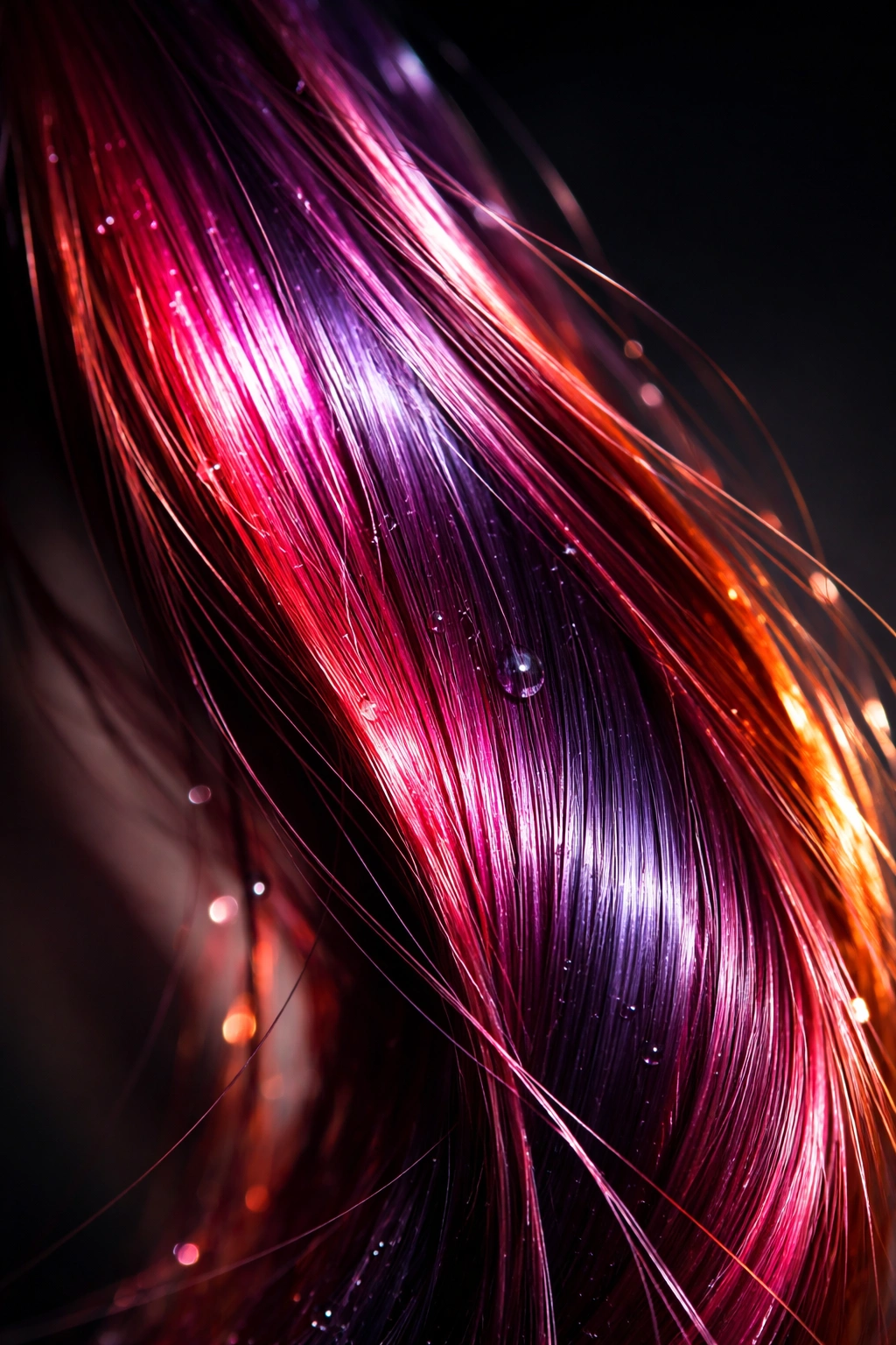 Macro close-up of color-treated hair strand with vibrant hue