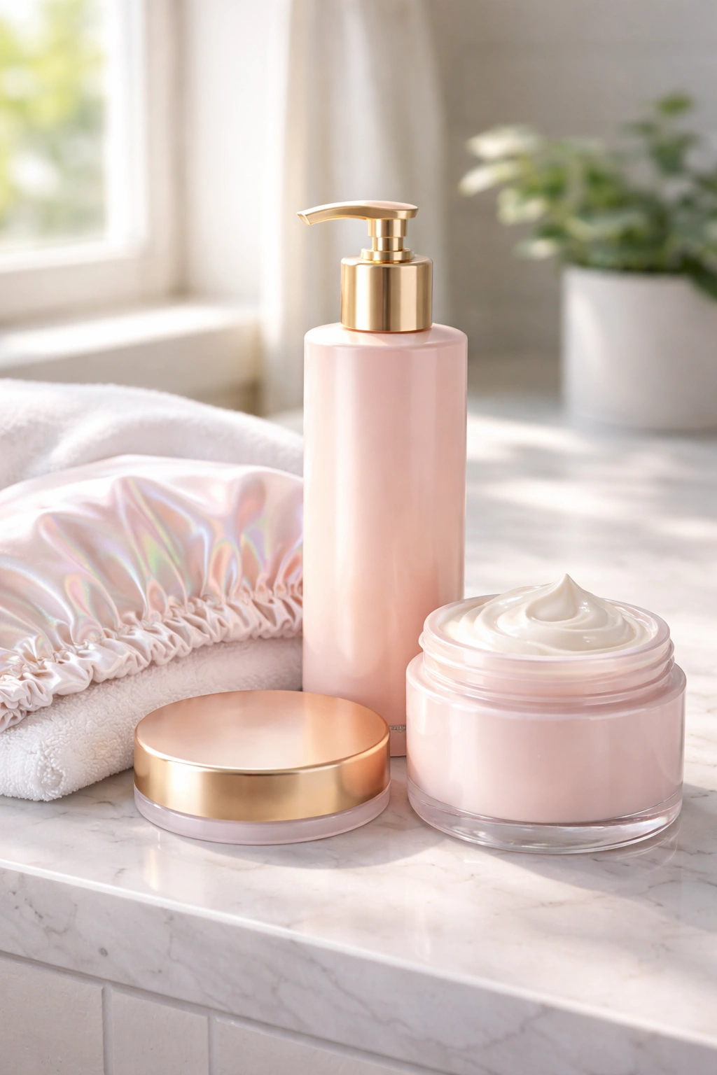 Close-up of color-treated hair aftercare products on a clean bathroom counter