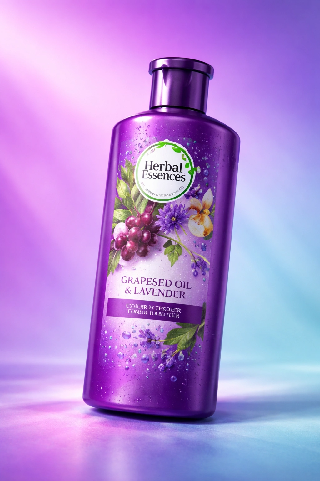 Color-gradient background behind a single shampoo bottle; representing color-treated hair; no text.