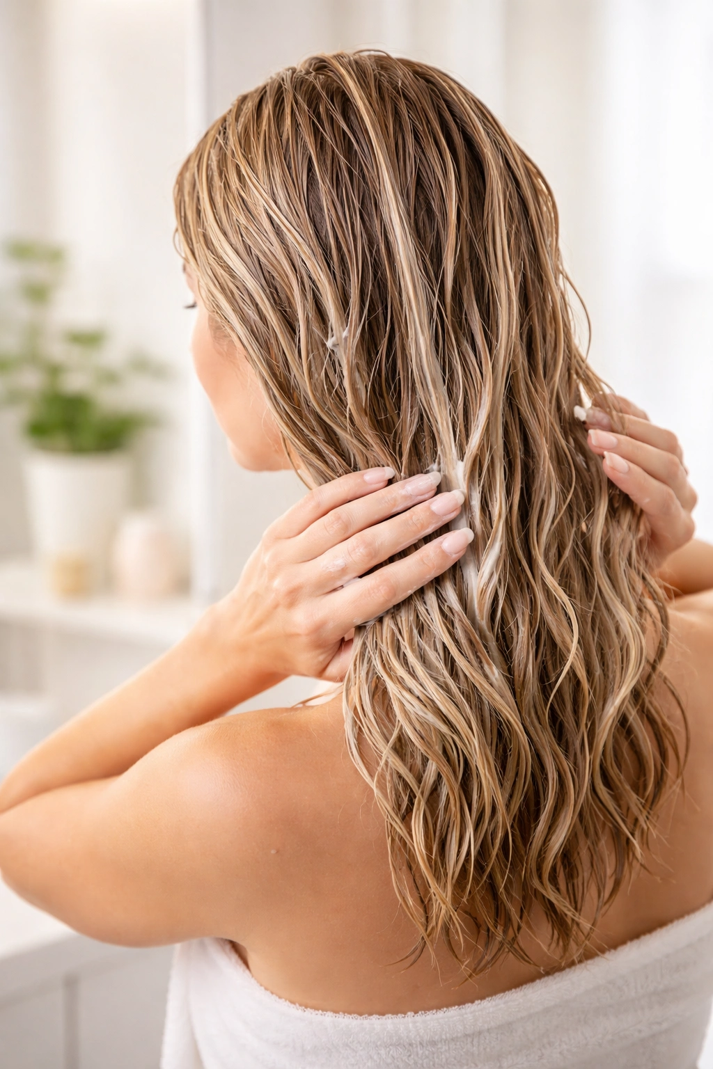 Person applying conditioner to damp color-treated hair in a bright bathroom