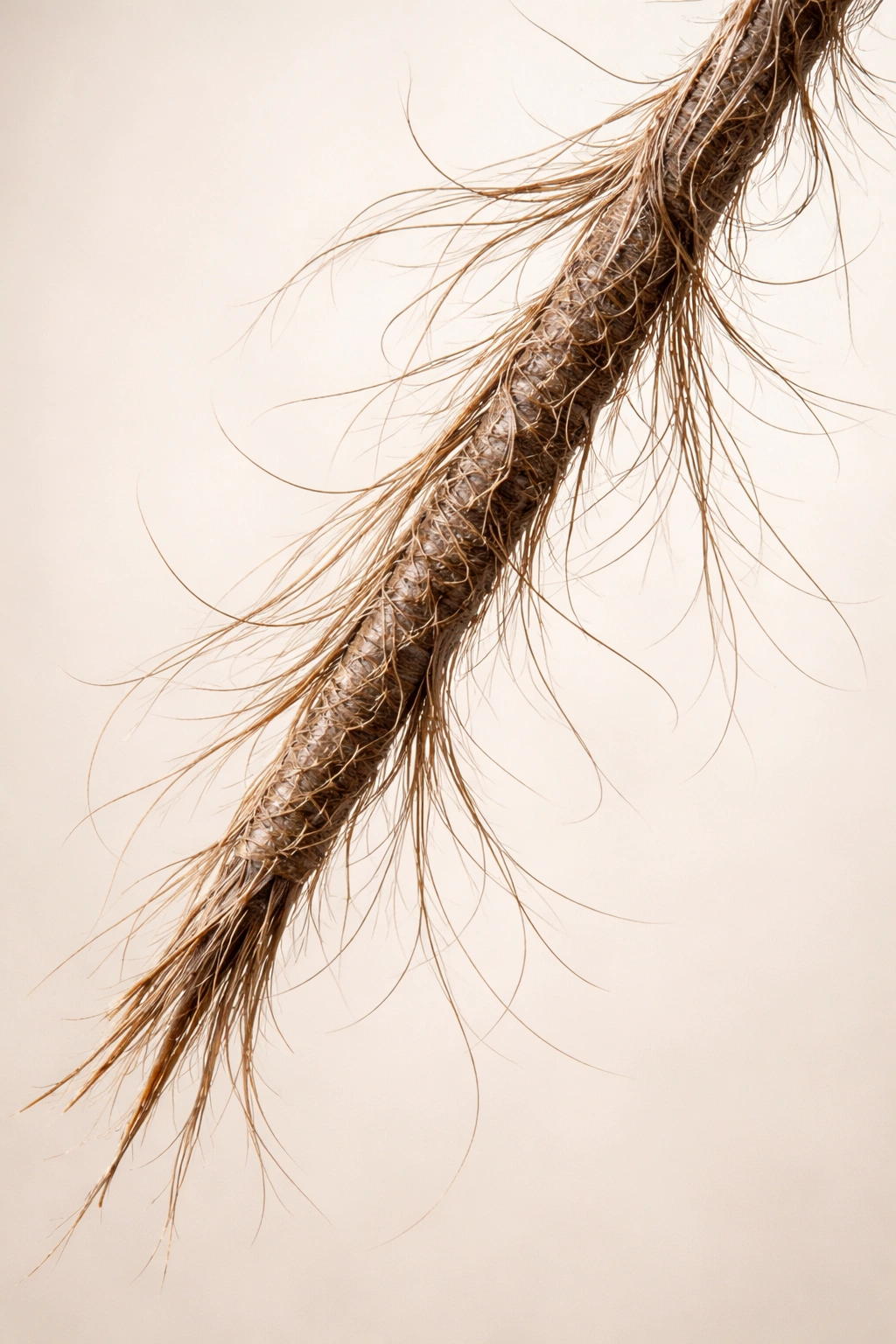 Dry frizzy hair strand against a plain background