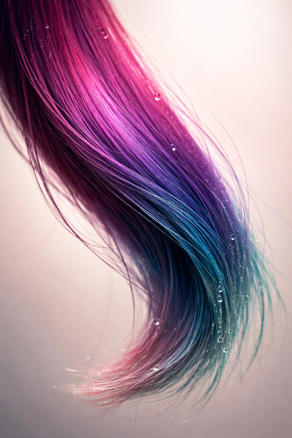 Close-up of color-treated hair strand with glossy dye in studio lighting