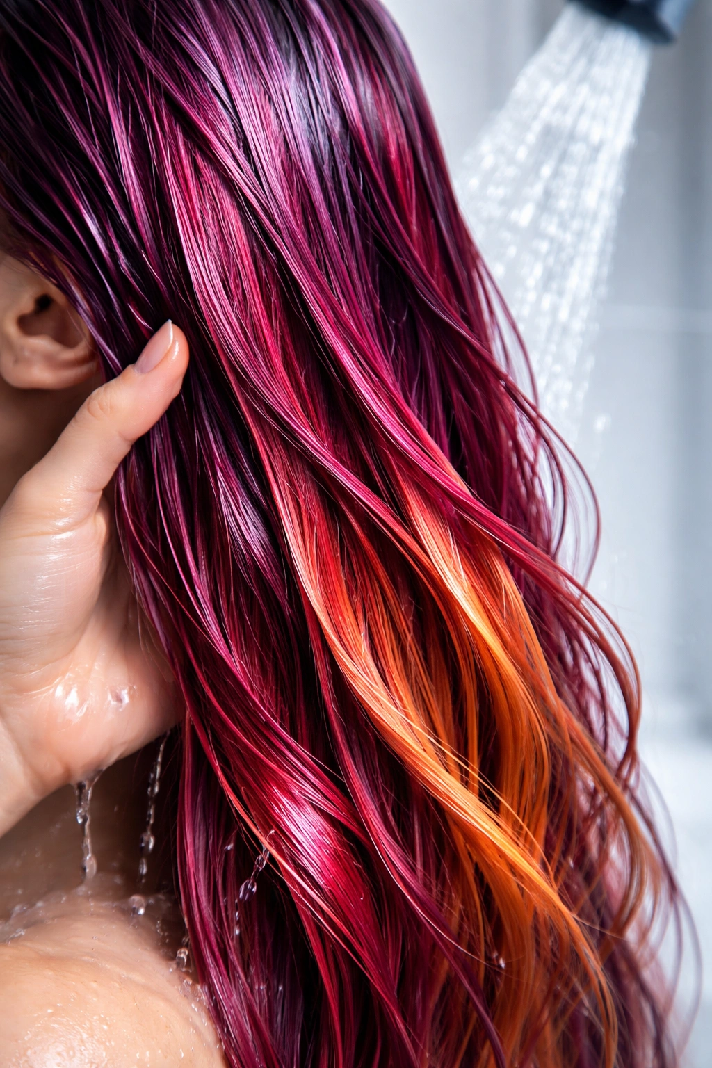 Close-up of vibrant color-treated hair with glossy finish