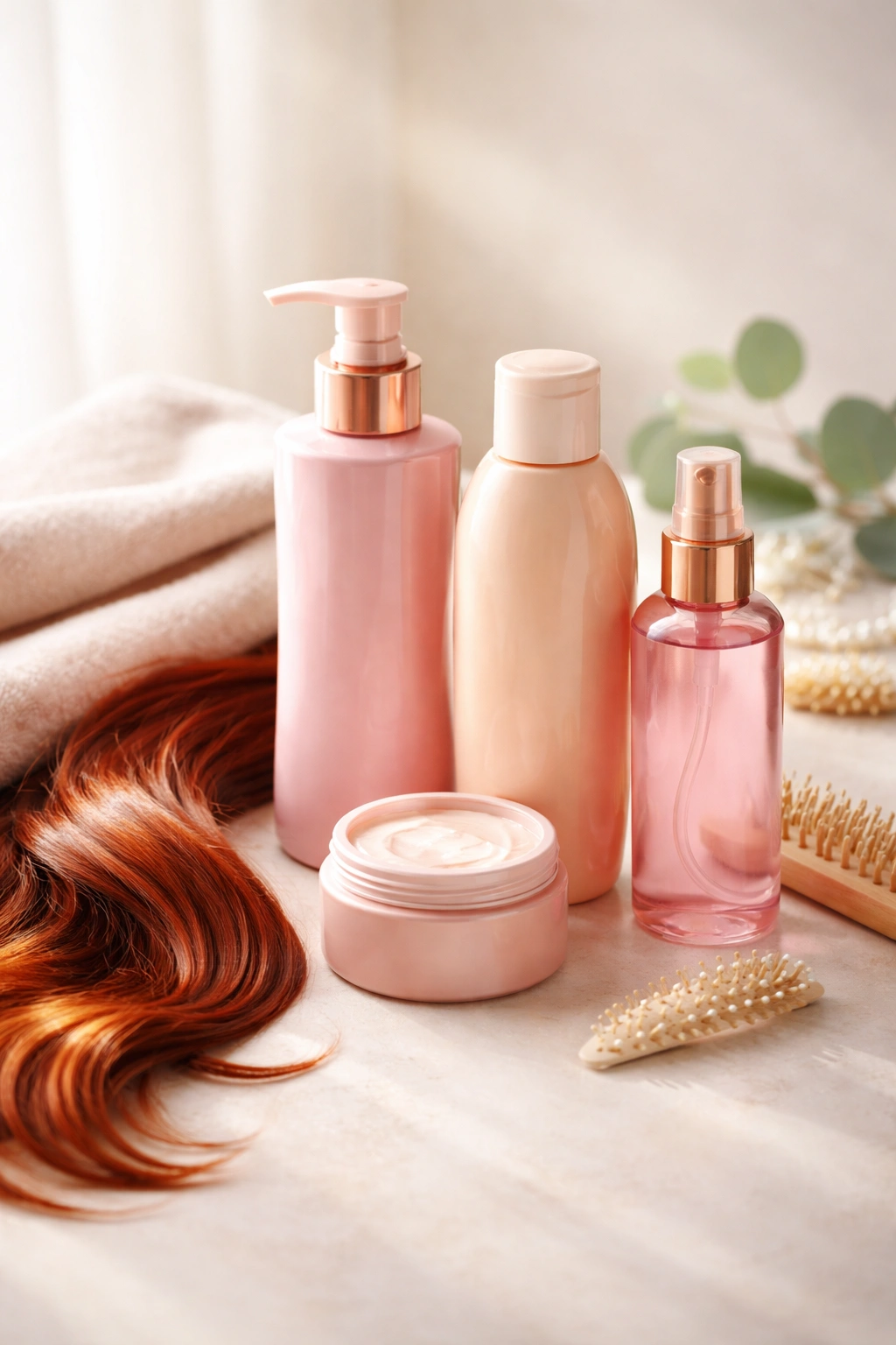 Minimalist still life of color-treated hair care products for final care tips