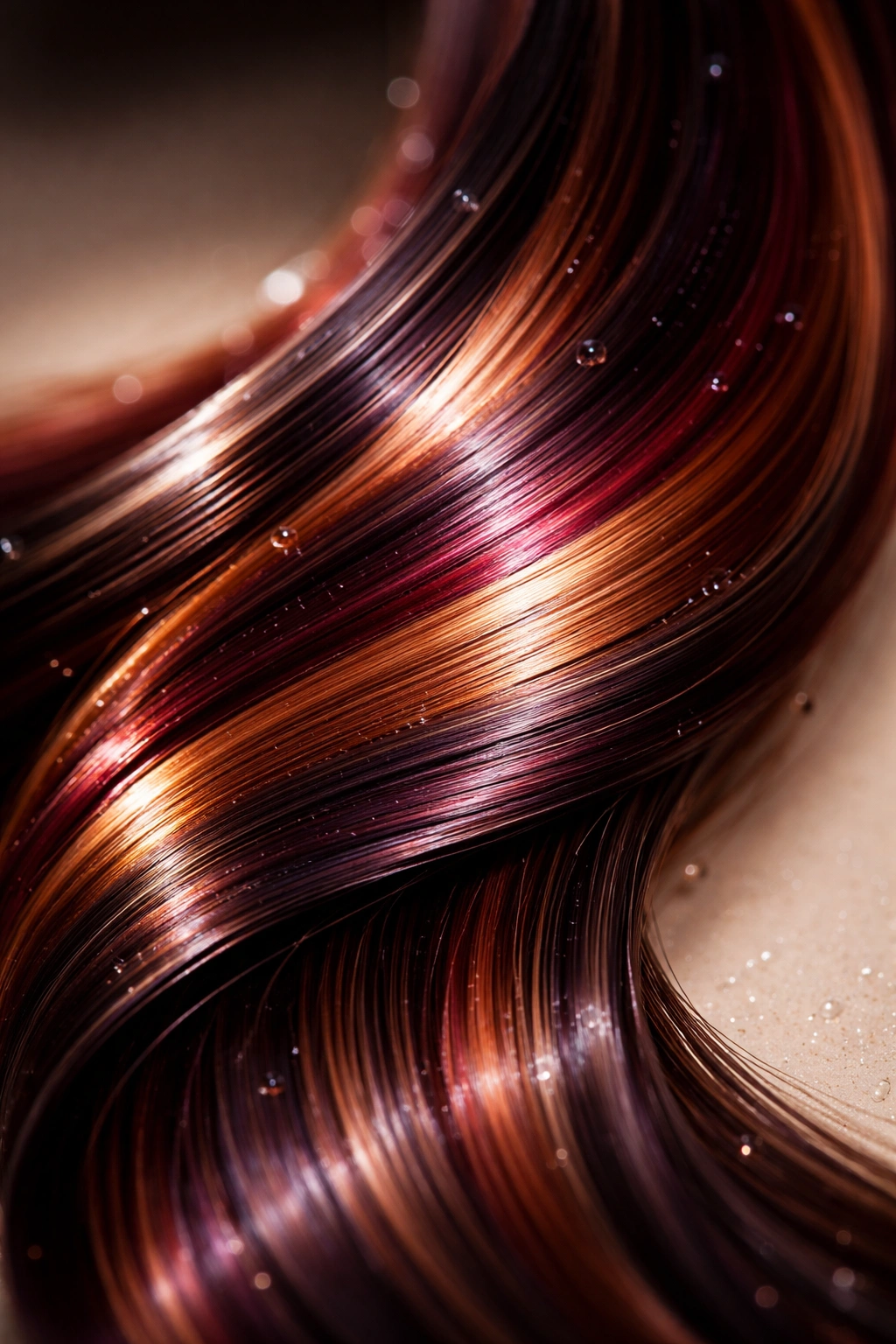 Close-up of a glossy, color-treated hair strand showing lasting color