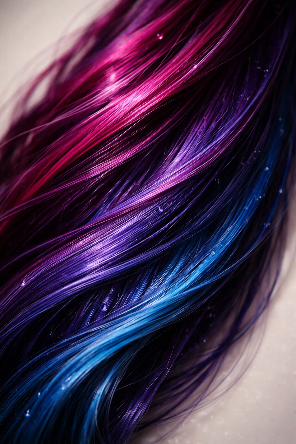 Macro shot of vibrant color-treated hair strand
