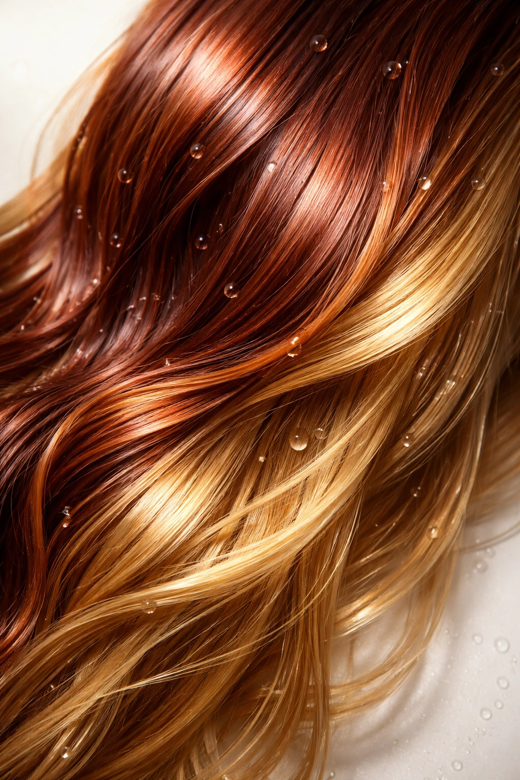 Glossy color-treated hair strands under soft lighting