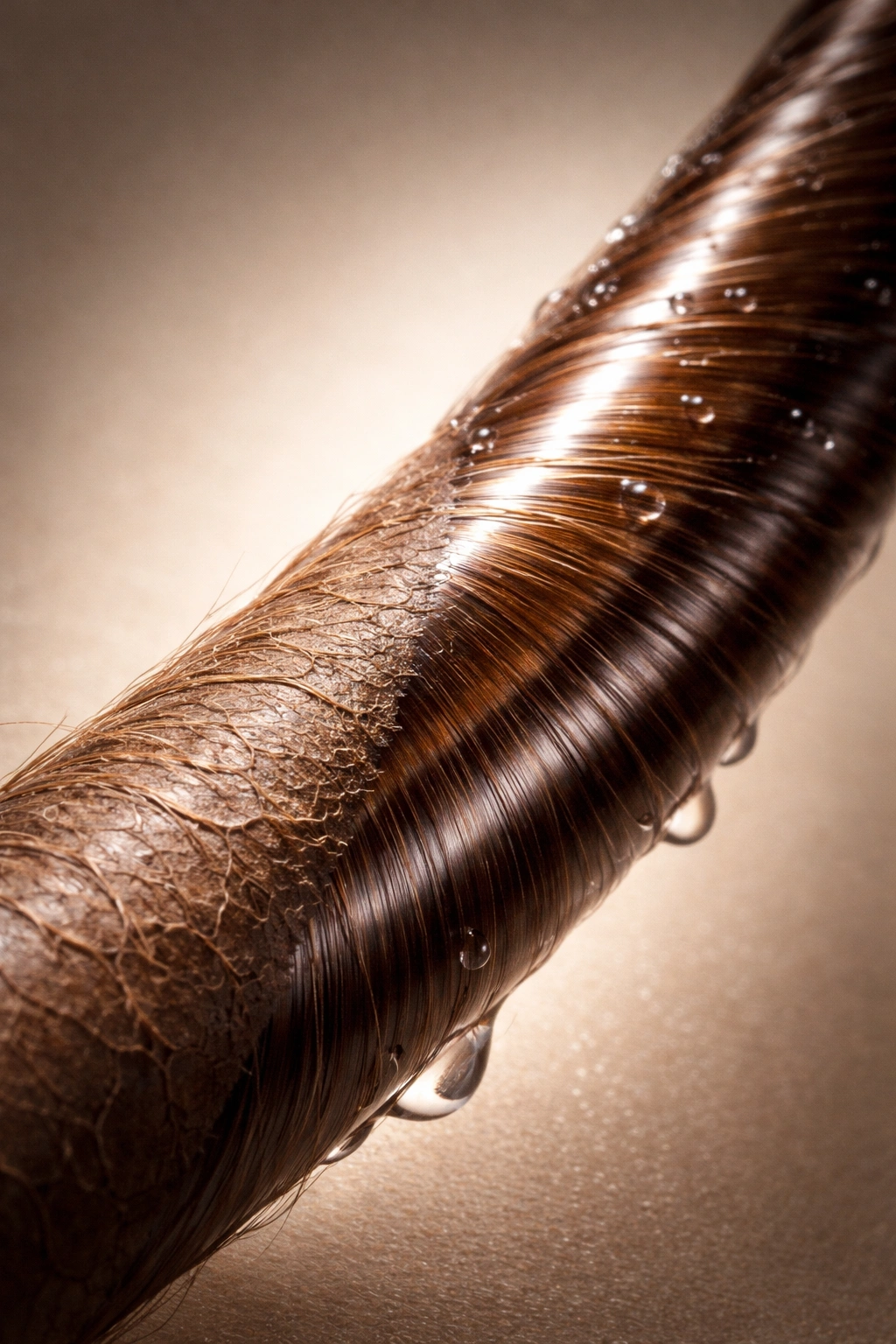 Close-up of a hair strand showing porosity variation between color-treated and sealed sections