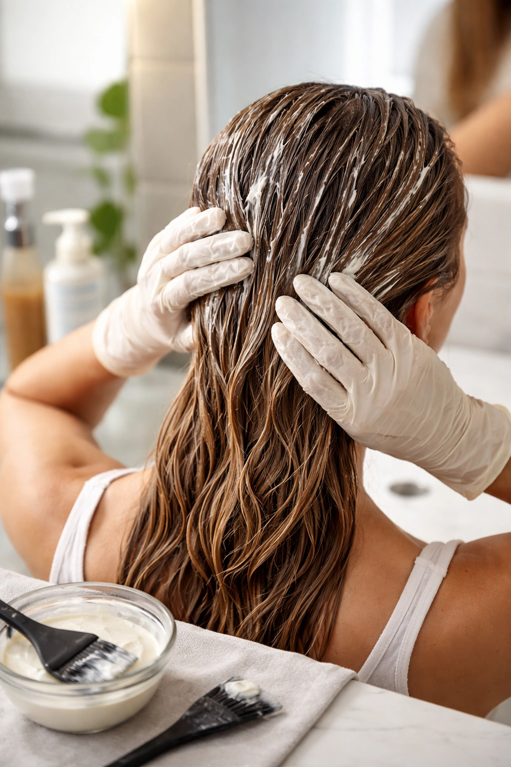 Deep conditioning treatment on color-treated hair in a bathroom