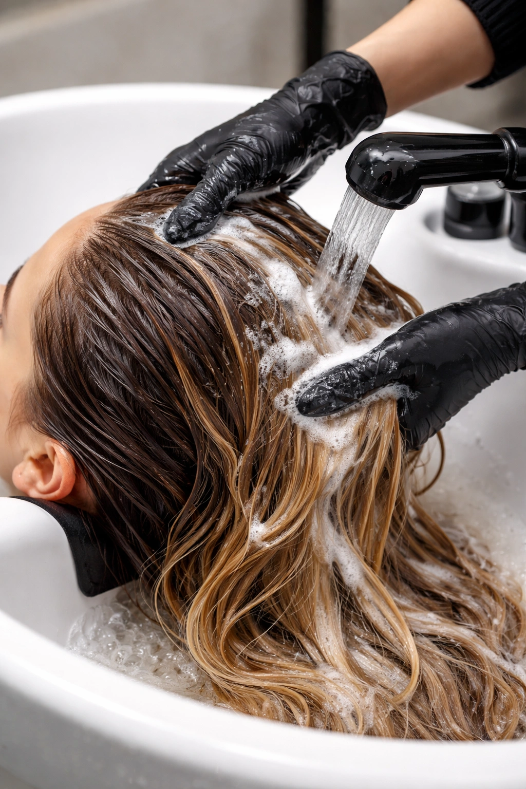 Close-up of gloved hands washing color-treated hair at a salon
