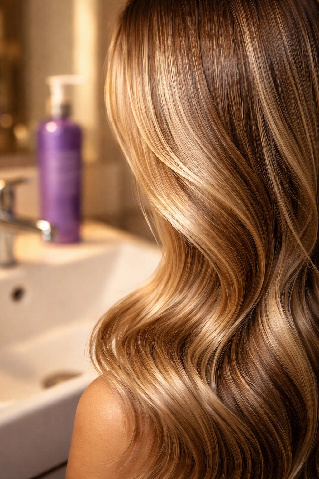Close-up of color-treated hair with a purple shampoo bottle in soft-focus background.