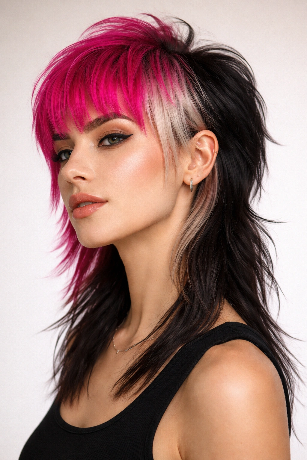Portrait of a person with color-blocked mullet showing front color and back darker shade