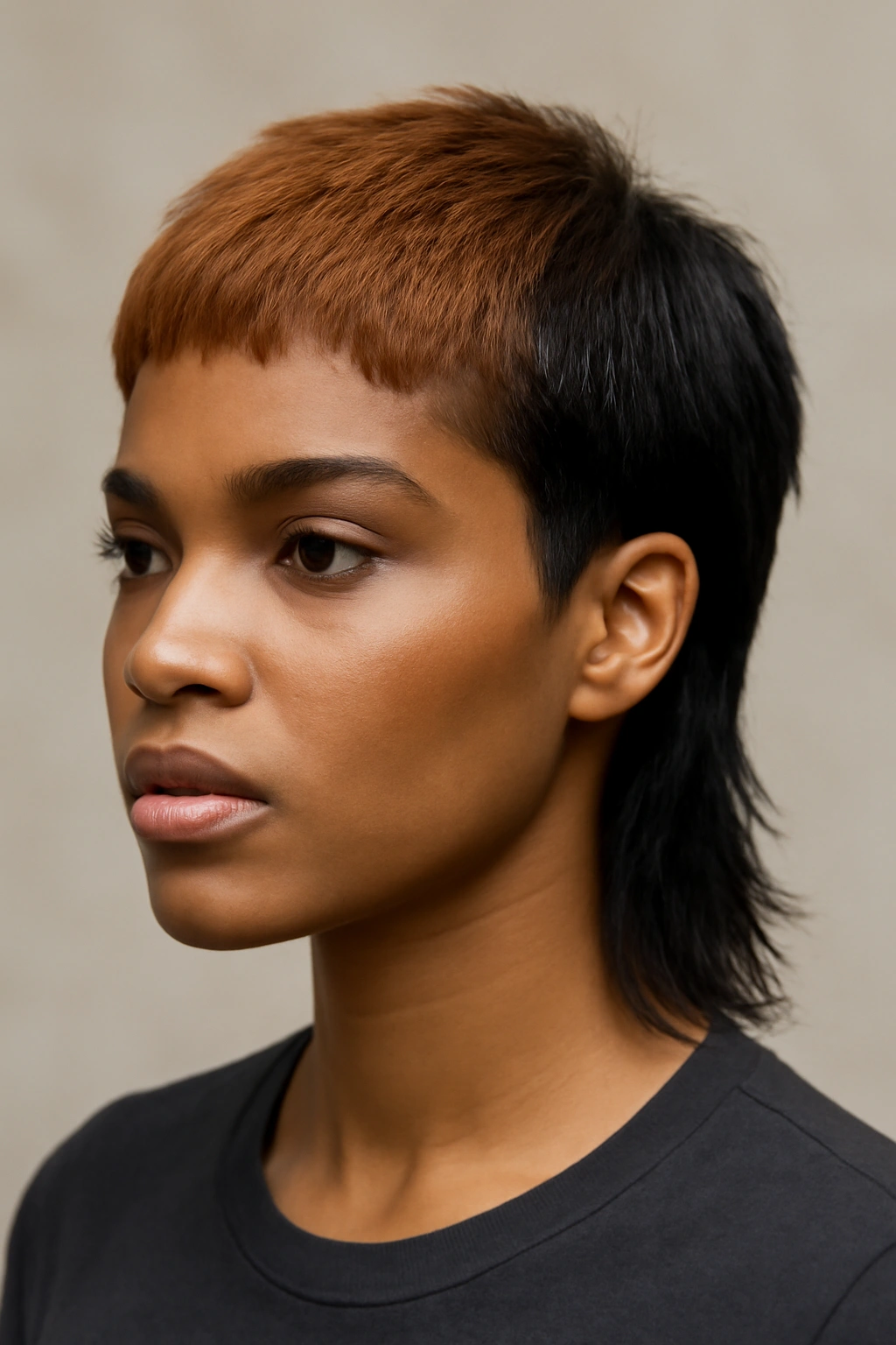 10 Short Mullet Styles Black Women Are Loving 3 Portrait of a Black woman with a colorblocked mullet showing front and back color contrast.
