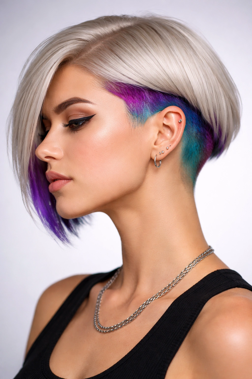 Close-up portrait of a person with a colorblocked shaved bob and vivid undercut color.
