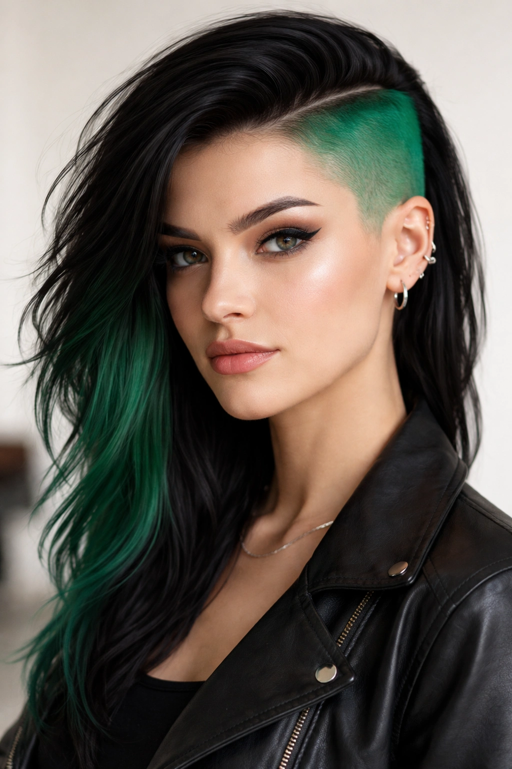 10 One Side Shaved Hairstyles For Bold Women 9 Portrait of a woman with a shaved emerald side and dark longer hair.
