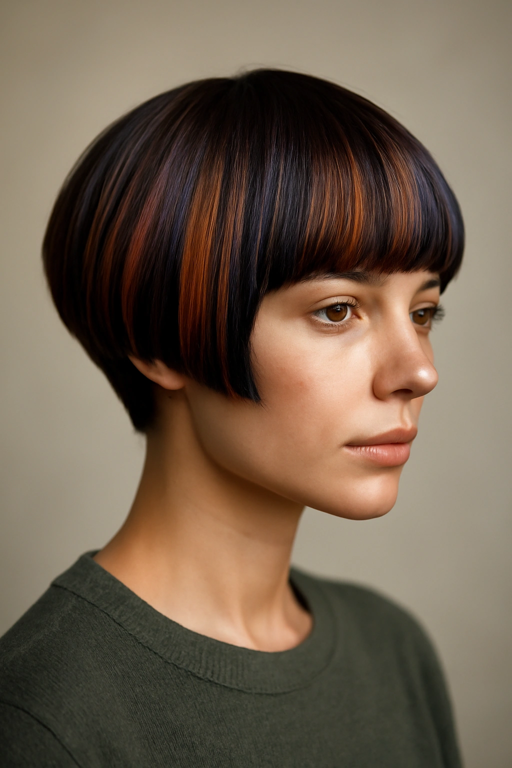 10 Modern Bowl Cuts Women Are Actually Getting 9 Portrait of a person with colored accents in a bowl-cut hairstyle