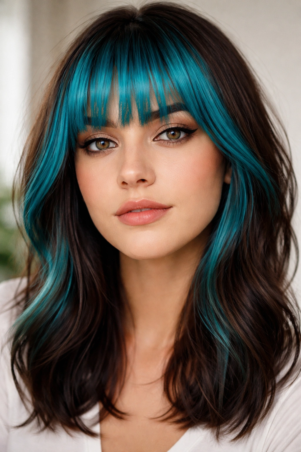 18 Bangs To Try With Medium Length Hair 17 Close-up of bold colored bangs contrasting with darker hair