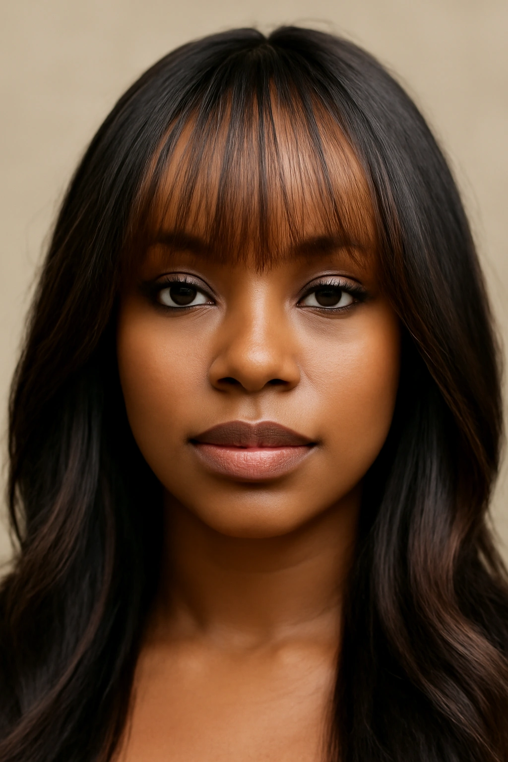 12 Bangs Hairstyles That Flatter Black Women 11 Close-up of bangs with caramel highlights on dark hair