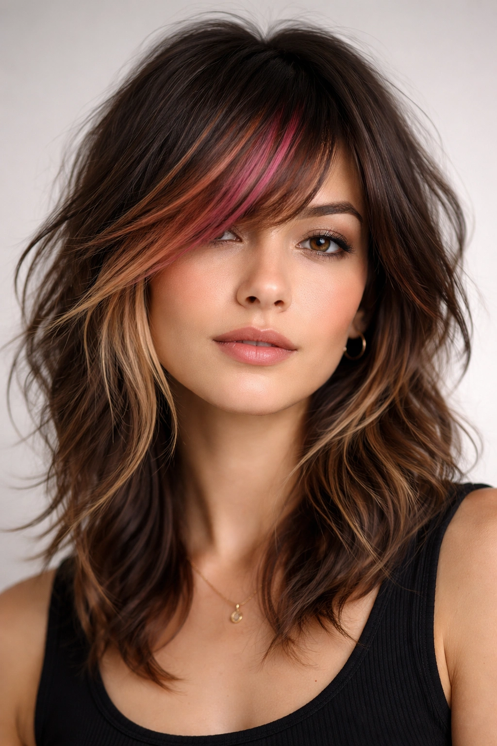 Close-up of a shag hairstyle with colored side bangs