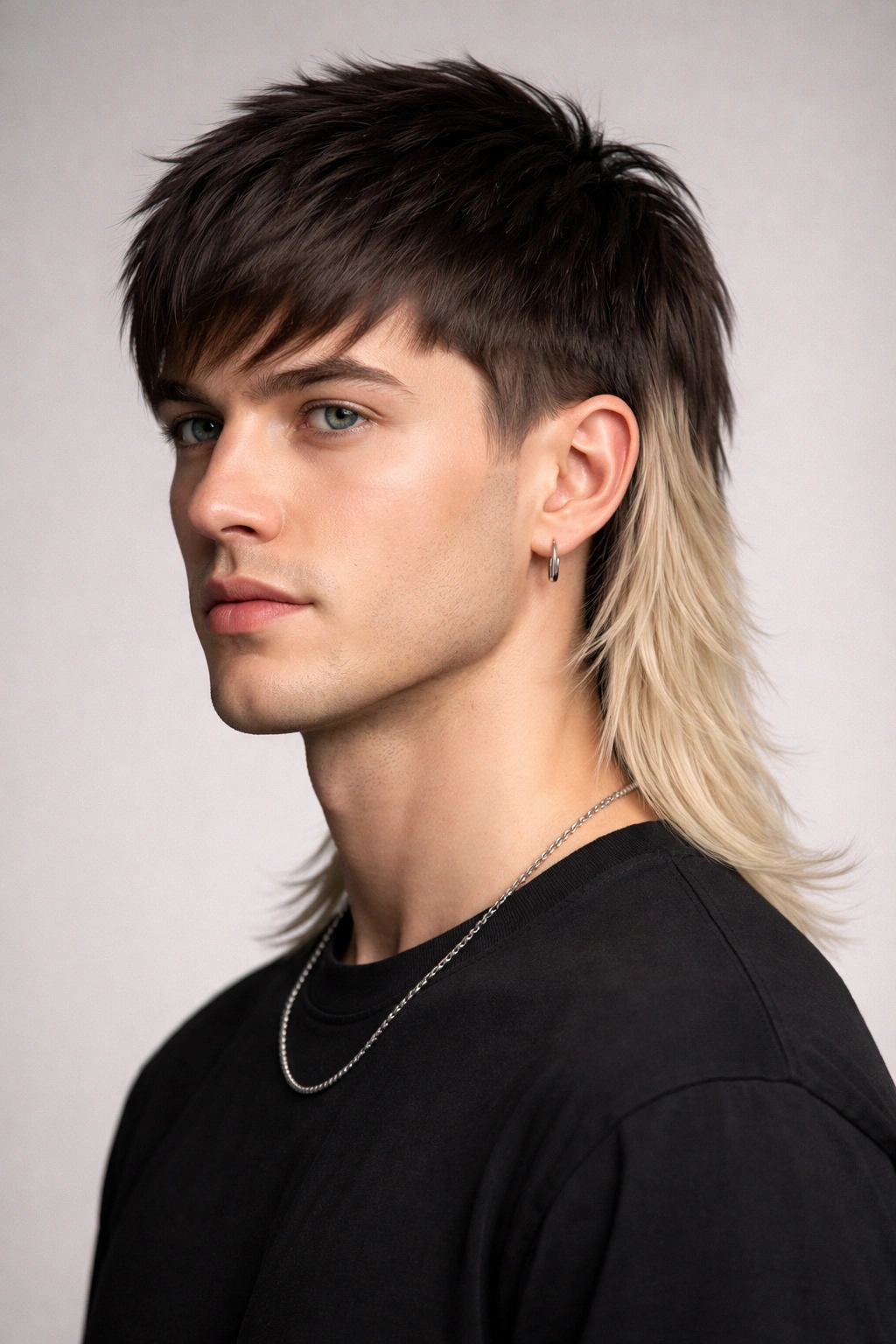 Portrait of color-block mullet with dark front and lighter back for bold contrast