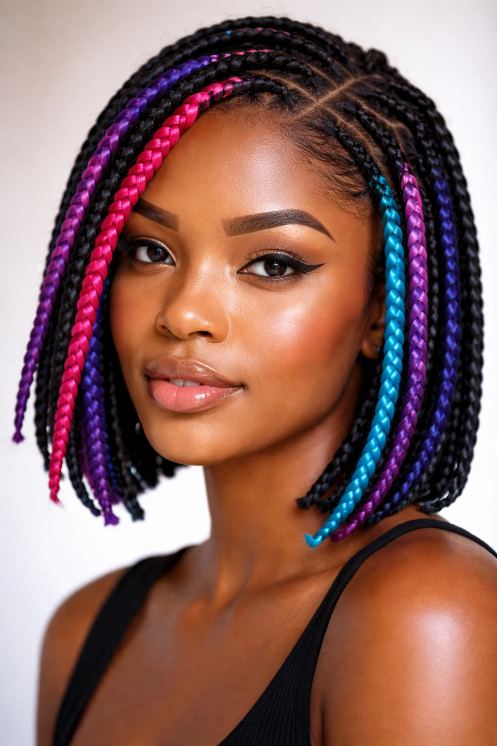 Colored box braids on short hair with vibrant tones near the face