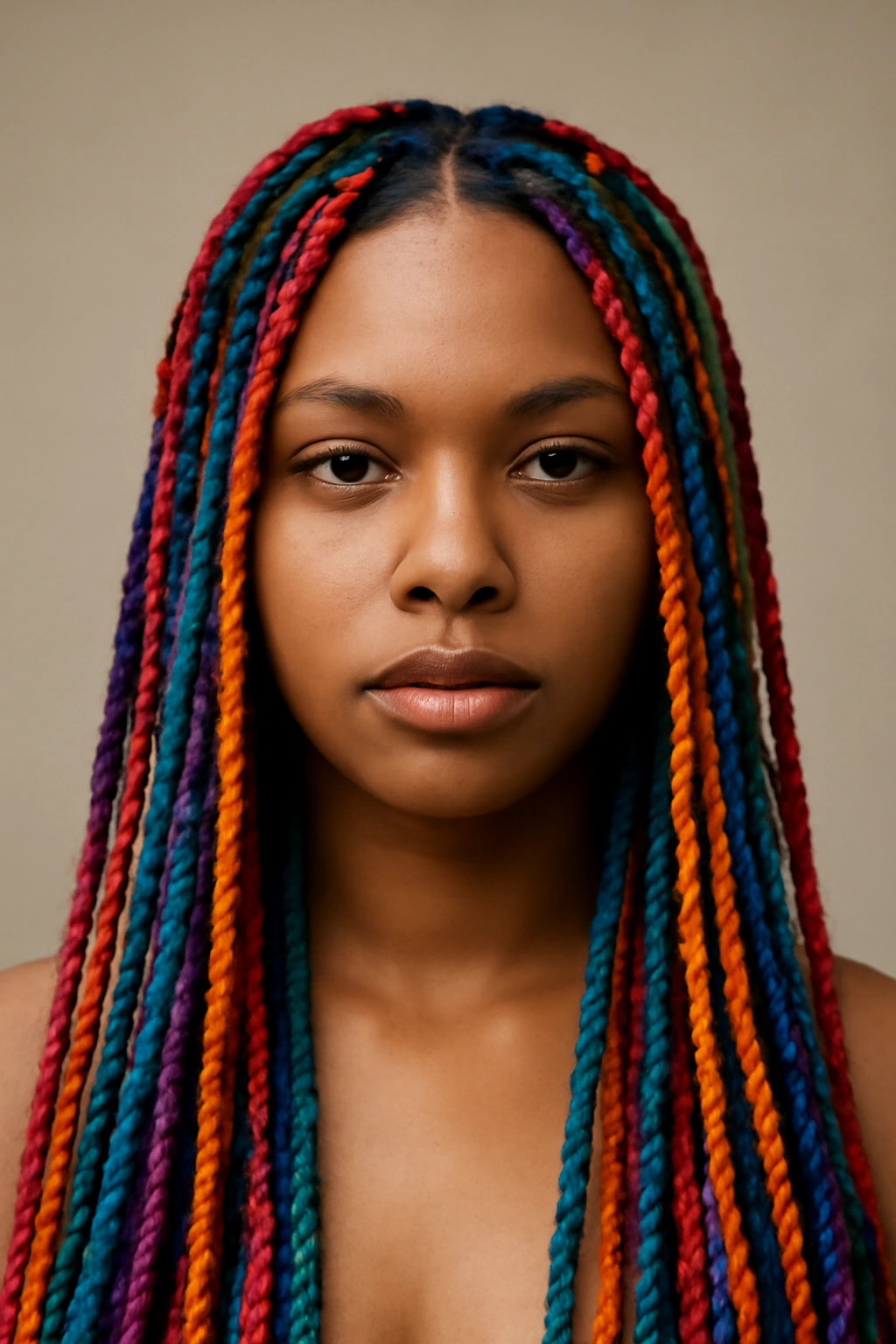 18 Box Braid Styles You'll Want to Show Your Braider 4 Head with colored box braids showing vibrant hues throughout.