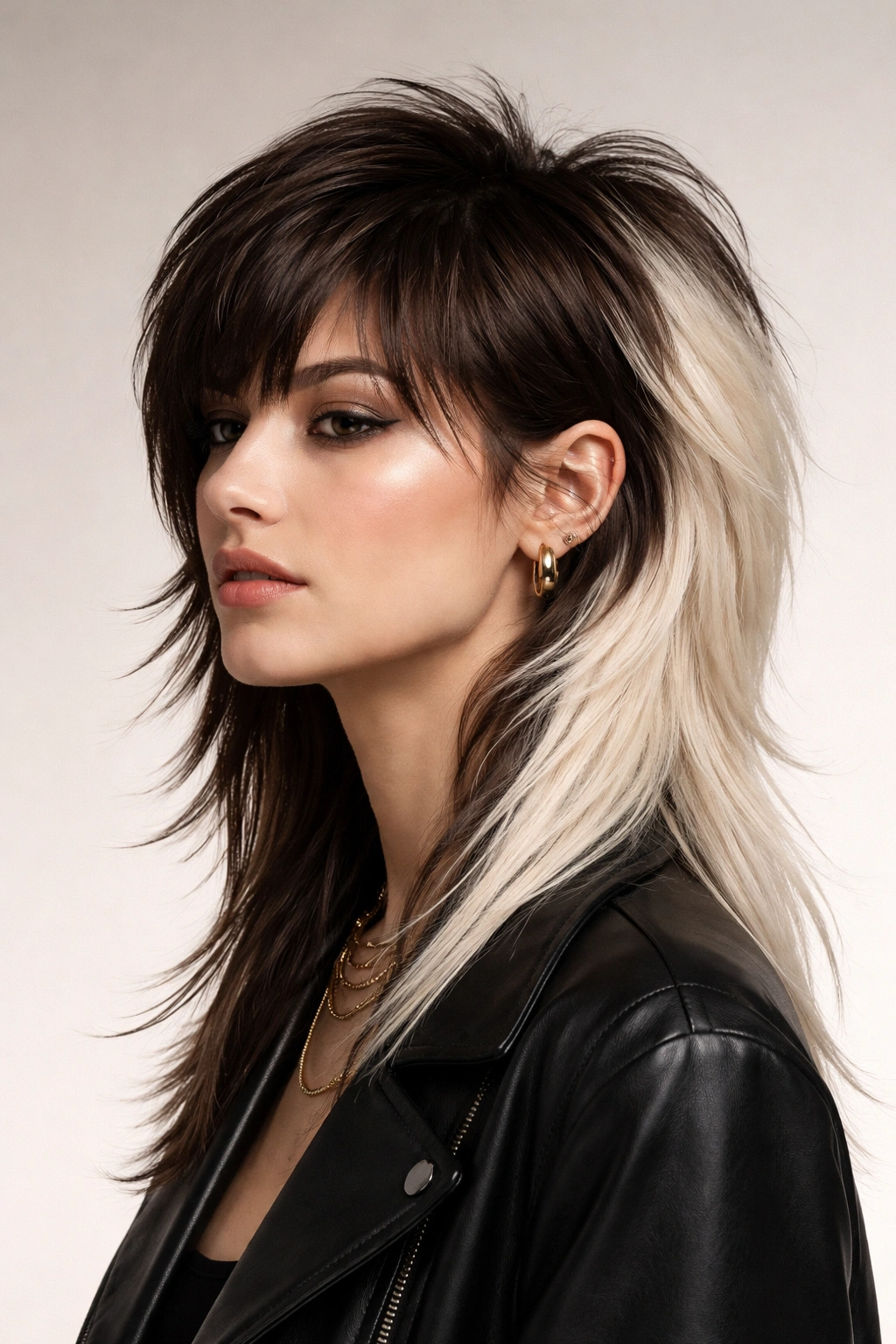 10 Mullet Haircuts Women Are Actually Pulling Off 5 Head-and-shoulders portrait of a person with brunette front and platinum back two-tone mullet