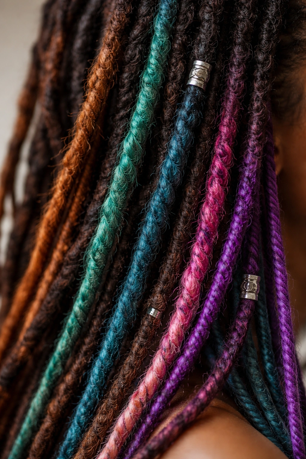 20 Dreadlock Styles For Women At Every Hair Length 7 Close-up of colorful dread extensions woven into locs with copper, teal, and purple hues