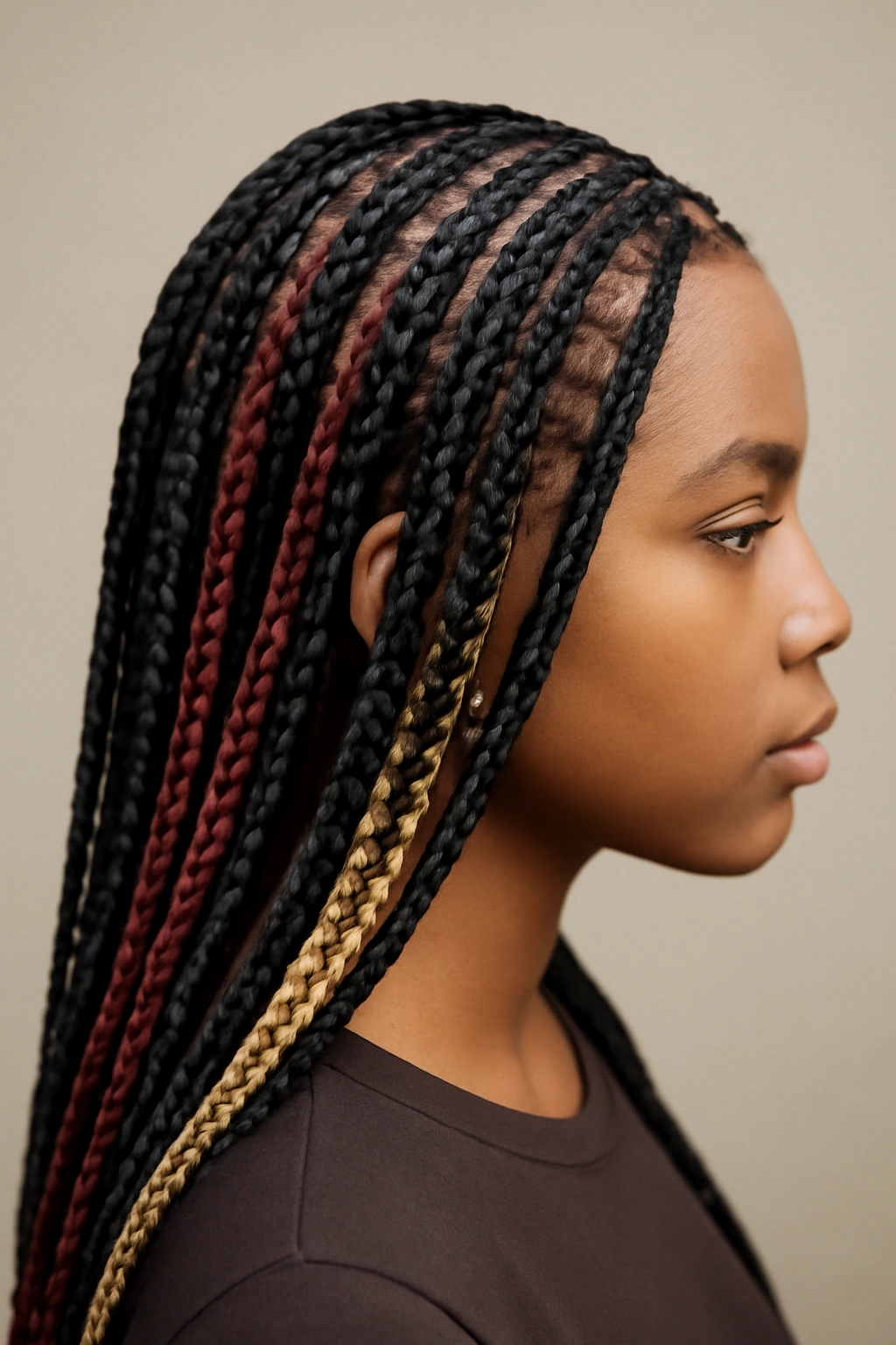 Braids with color sections burgundy, blonde, and dark