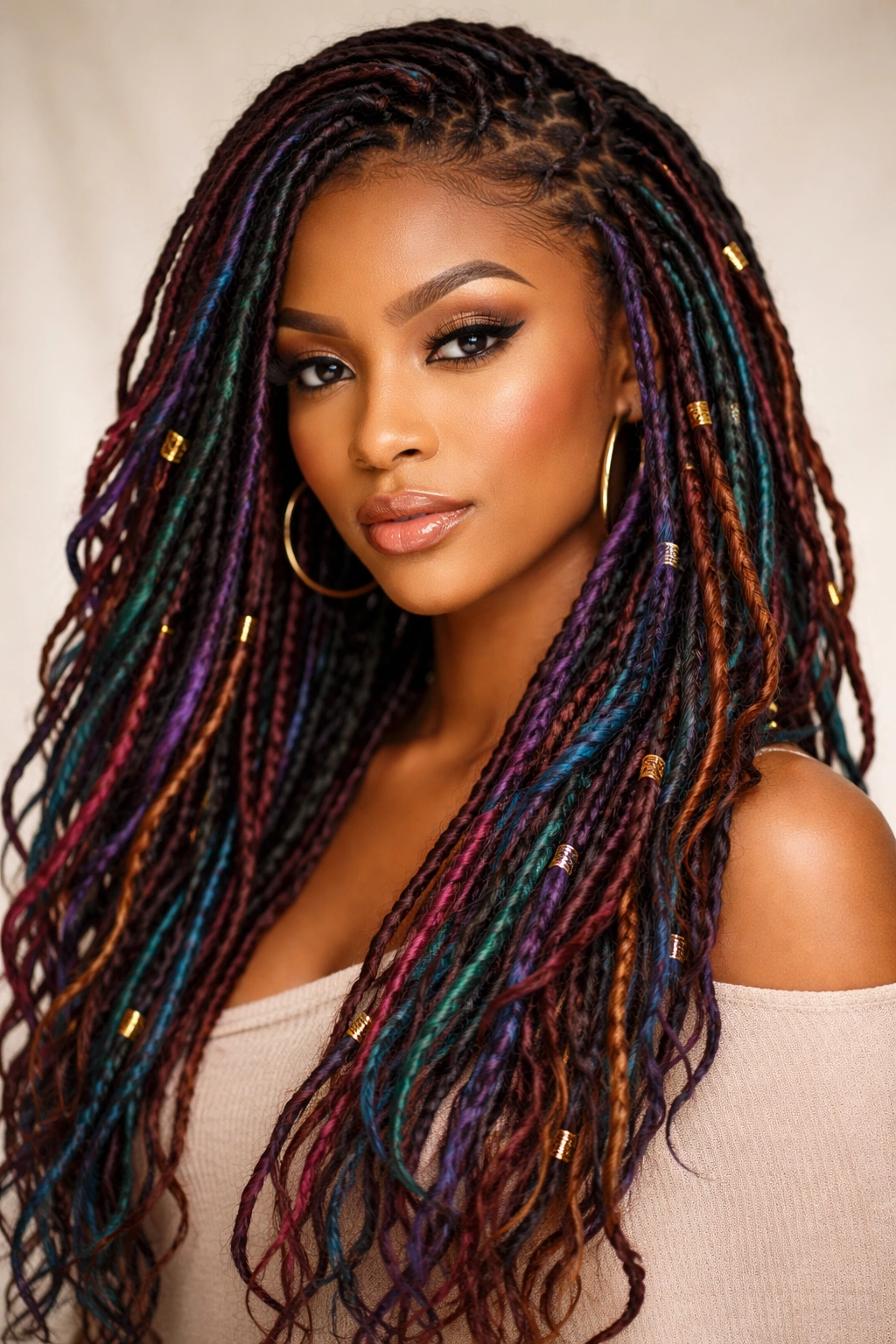 Close-up of colored faux locs in jewel tones across the head