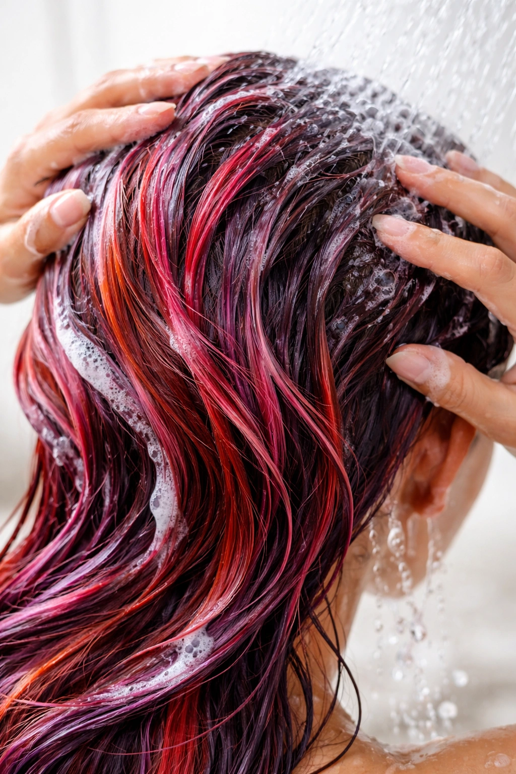 Close-up of vibrant colored hair with a wet sheen