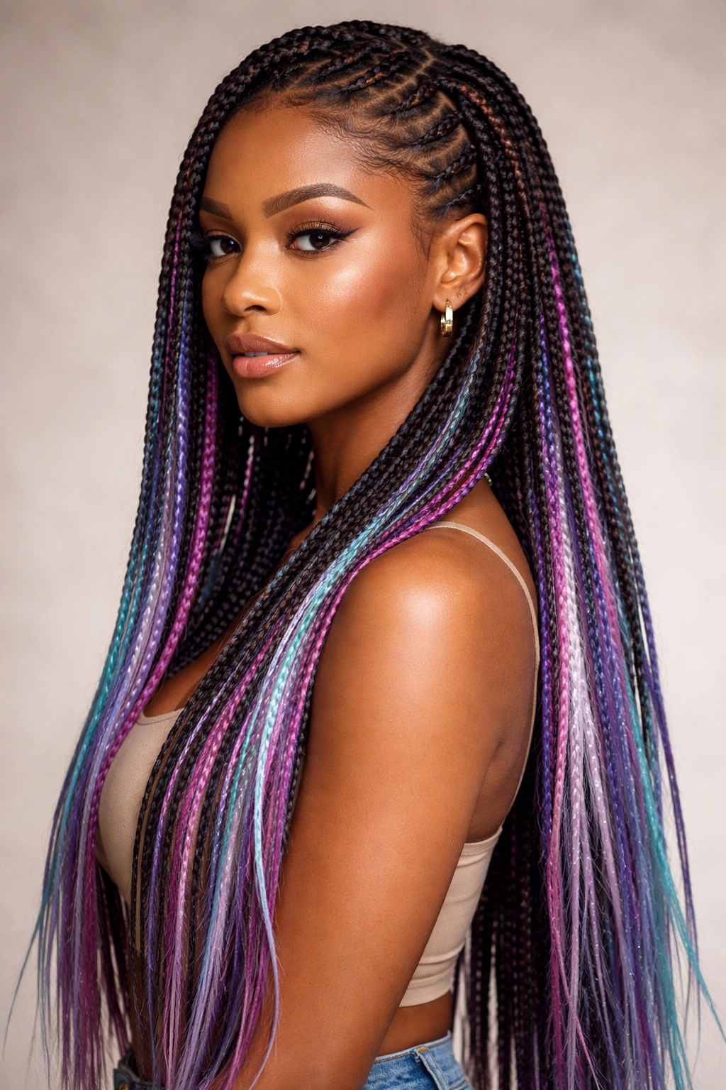 Knotless braids with colored extensions showing vibrant color along the length