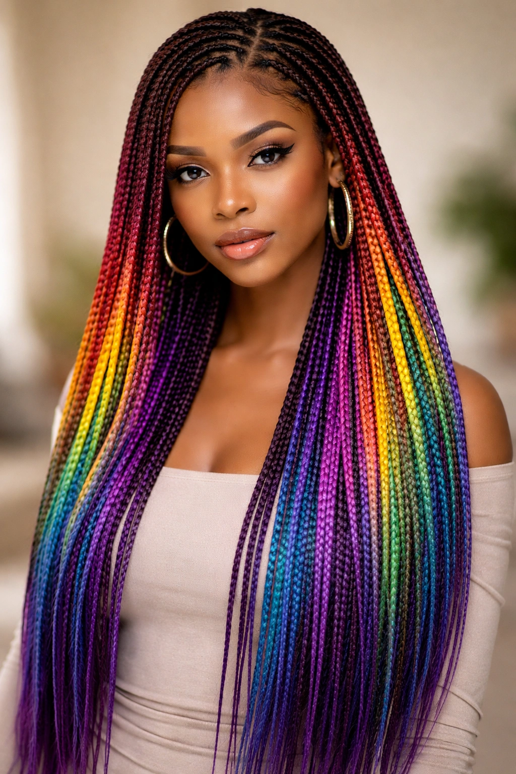Knotless braids in rainbow multi-tone coloring